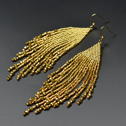 kolczyki szklane Skúfar II, złote "indiańskie" kolczyki, beading