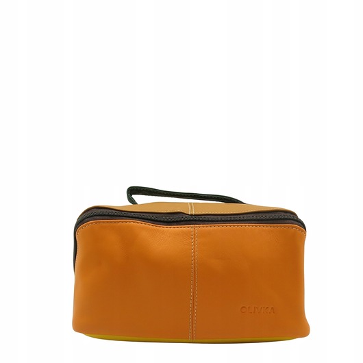 kosmetyczki Kosmetyczka podróżna duża damska skórzana pojemna kieszenie rączka OLIVKA