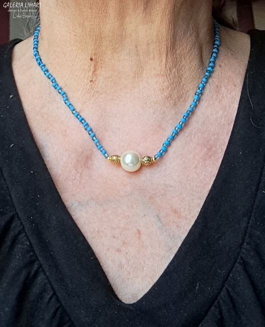 chokery Boho minimalistycznie z perełką w niebieskościach Urok prostoty Prezent