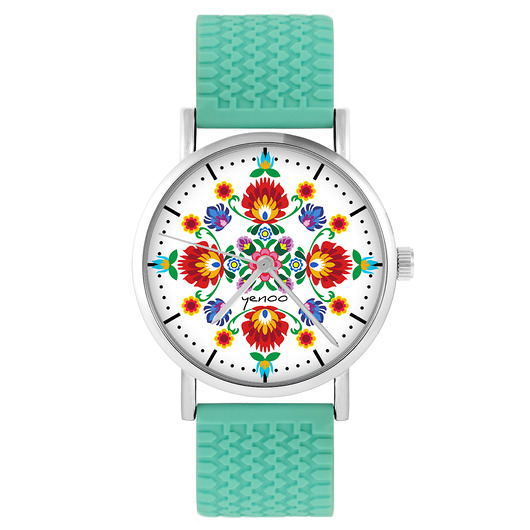 zegarki damskie Zegarek - Folkowa mandala - silikonowy, turkus