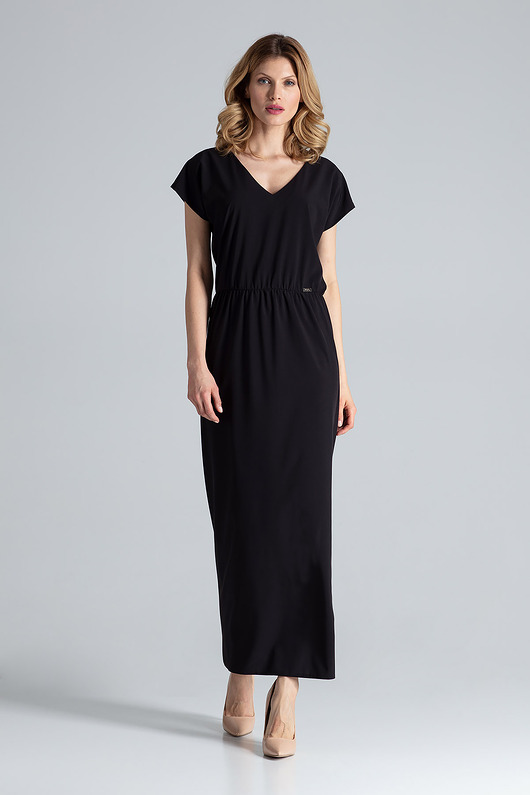 sukienki maxi damskie Elegancka sukienka maxi z dekoltem w serek i krótkim rękawem - M668