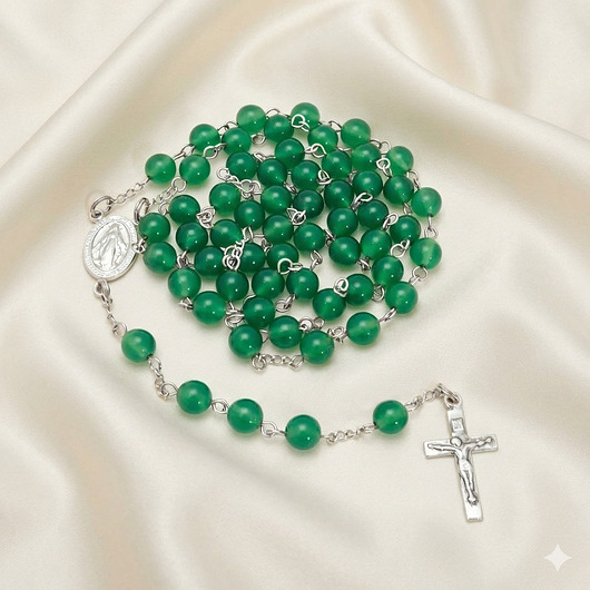 komunia - pozostałe Ręcznie robiony, zielony różaniec, srebro 925, naturalny malachit (6mm)