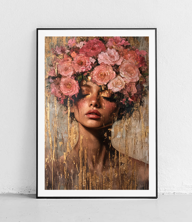 plakaty Plakat Złote kwiaty i twarz