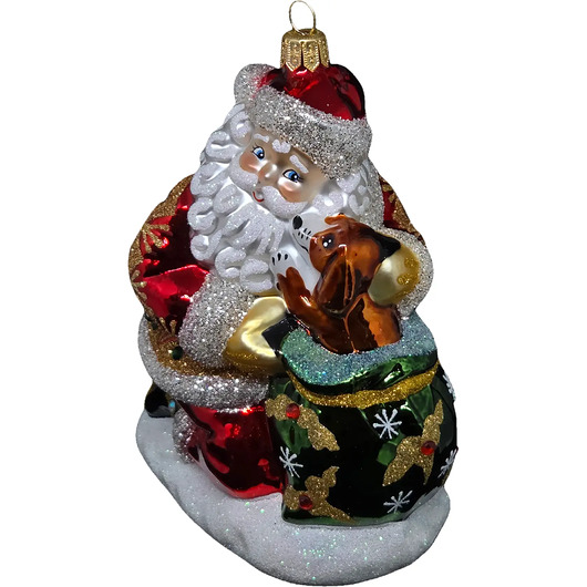 bombki Ręcznie malowana szklana bombka Mikołaj z pieskiem w worku