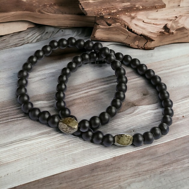 bransoletki z kamieni naturalnych Komplet dla pary : PIRYT & ONYKS :: na gumce