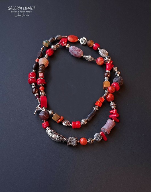 korale Niezwykły naszyjnik boho z koralem i mixem minerałów prezent  lux UNIKAT