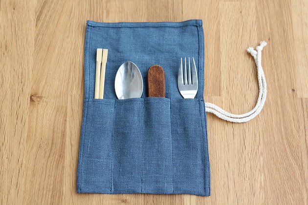 pokrowce i etui - organizery Etui na sztućce, Lniany pokrowiec, zero waste, niebieski