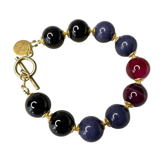 bransoletki złote Pozłacana bransoletka z kul onyksu i agatu