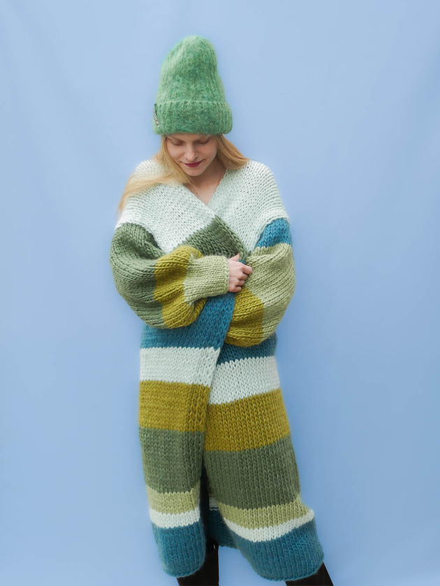 kardigany damskie 100% MERINO dlugi kardigan w pasy
