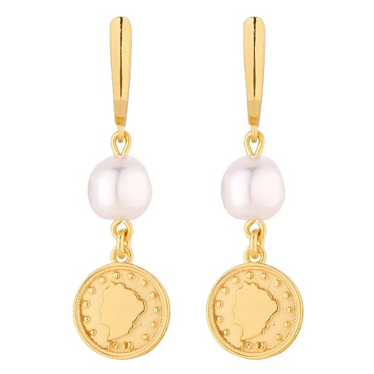 kolczyki pozłacane Złote długie kolczyki z monetami i perłami SWAROVSKI CRYSTAL
