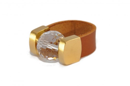 Brown Leather Disco Ball Ring in Gold Joccos Design