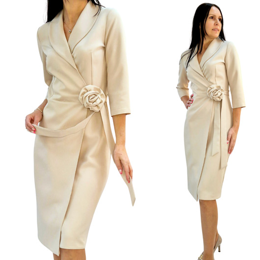 sukienki midi damskie Elegancka beżowa Kopertowa sukienka z różą