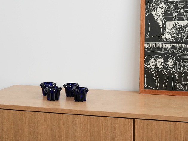 świeczniki i świece Zestaw świeczników kobaltowych, francuski design, lata 70, produkcja: Reims
