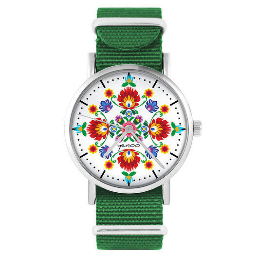 zegarki damskie Zegarek - Folkowa mandala - zielony, nylonowy