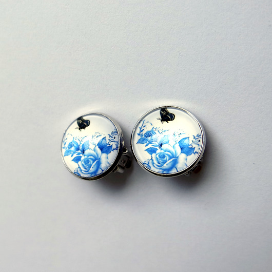 klipsy Klipsy - Niebieskie kwiaty, motyl - duże