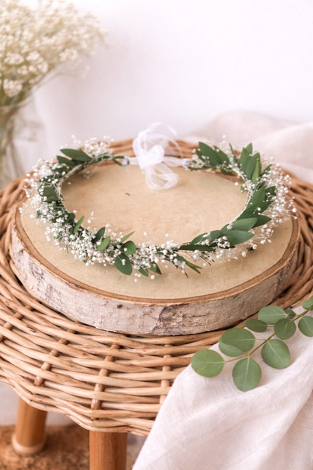 wianki komunijne Wianek na głowę eukaliptus + gipsówki mini