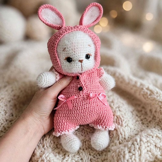 przytulanki dla niemowląt i dzieci Biały miś w pajacyku króliczka - maskotka amigurumi