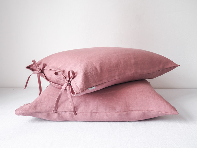 poduszki gładkie Lniana Poszewka Troczki DUSTY PINK