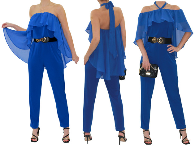 kombinezony damskie Rozmiar 36 -Kombinezon z szyfonową falbaną -blue