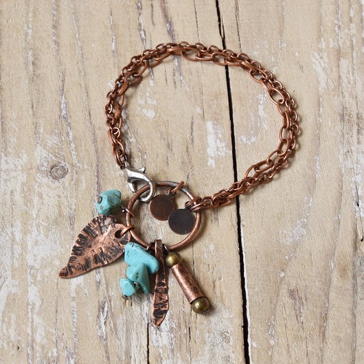 bransoletki z kamieni naturalnych Bransoletka z oksydowanej miedzi i turkusu /5/ biżuteria handmade, rękodzieło