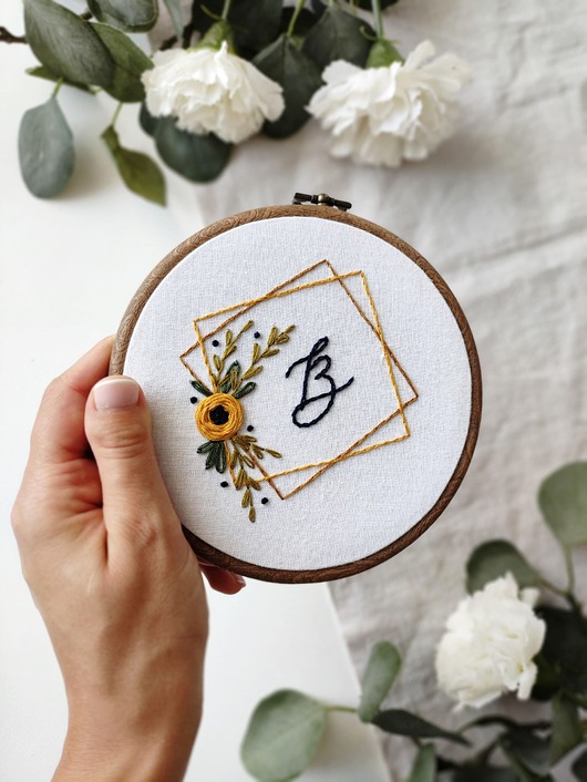 obrazy Monogram na ścianę, haftowany tamborek na prezent, obrazek z literą