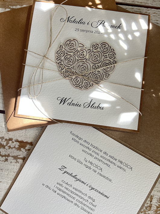 zaproszenia i kartki na ślub Personalizowana kartka ślubna ręcznie robiona serce  - życzenia ślubne