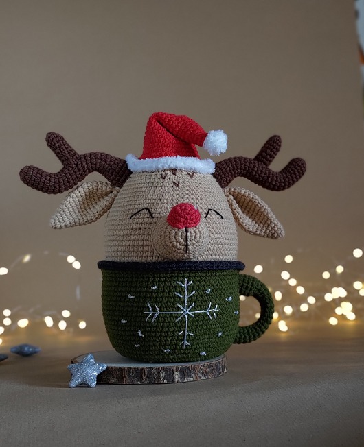 misie i maskotki Ozdoba Jeleń w kubku, Dekoracja świąteczna, Maskotka na prezent