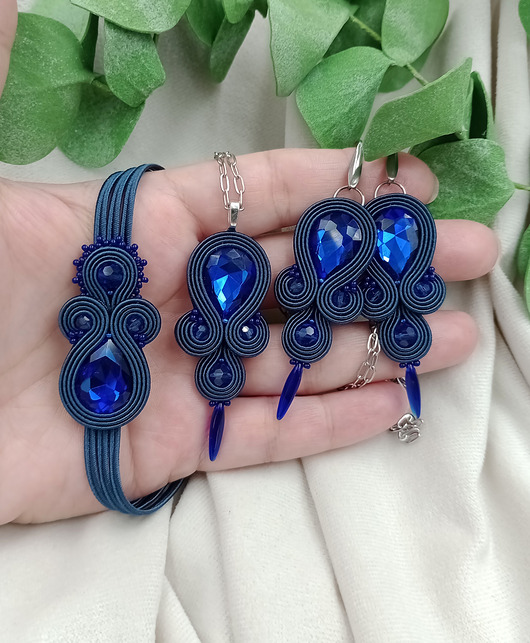 komplet biżuterii Granatowa biżuteria sutasz, granatowy komplet zestaw soutache
