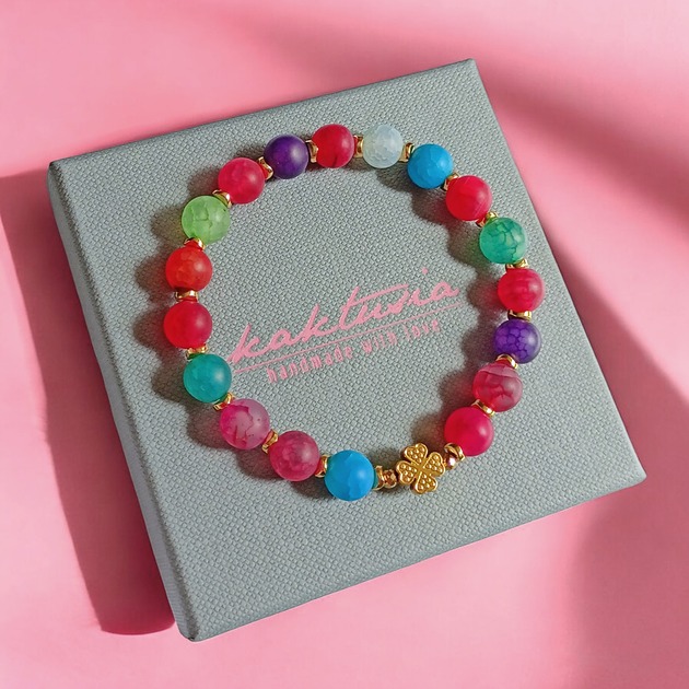 bransoletki z kamieni naturalnych Na szczęście : agat multicolor i czterolistna koniczynka