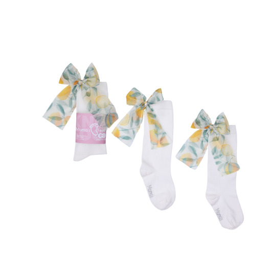 rajstopy i skarpetki dla dziewczynki Candy Bow - Białe z cytrynką - podkolanówki dla dziewczynki
