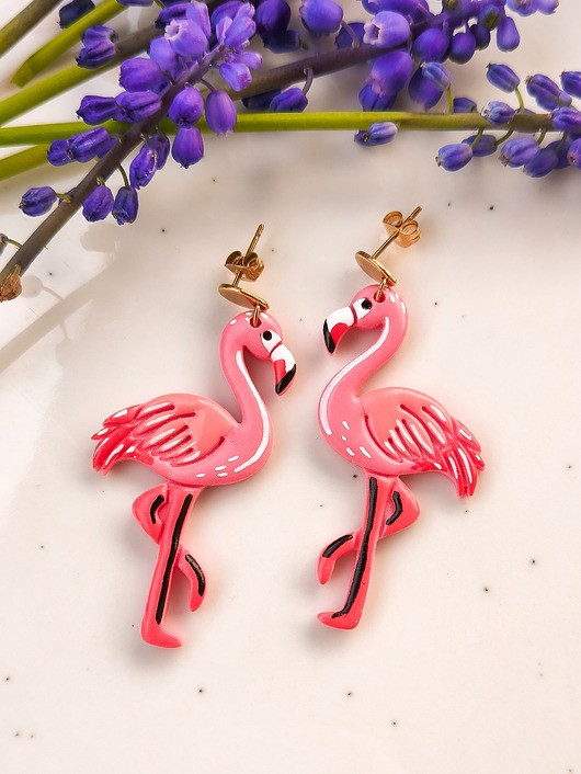 kolczyki z masy plastycznej Kolczyki flamingi, w kształcie flaminga, z wizerunkiem flamingów, boho