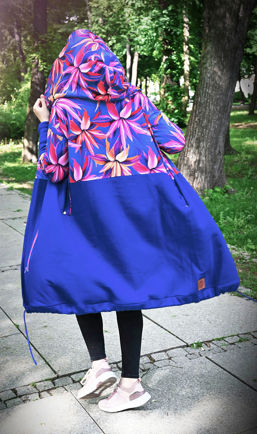 bluza z kapturem damska KWIATY długa bluza oversize z łączonych tkanin