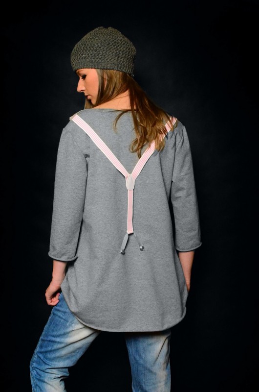 BLUZA SZARA SZELKI - handmade - oversize Pudrowy Różowy