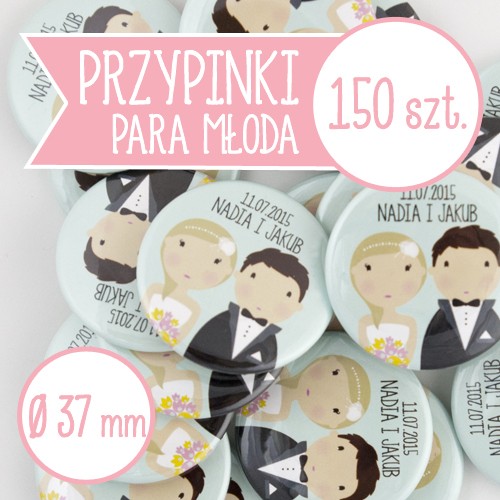 150 szt. przypinki ślubne Młoda Para 37 mm inkipinki