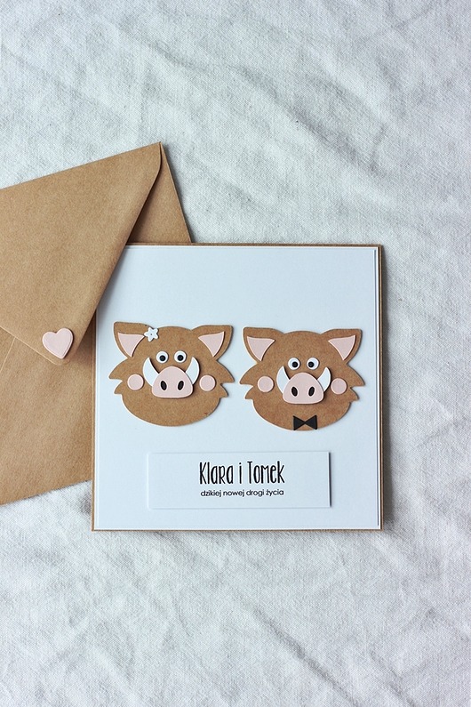kartki scrapbooking Dziki. Kartka ślubna z parą dzików