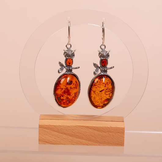 kolczyki srebrne Kolczyki srebrne z bursztynem bałtyckim koniakowym sowy