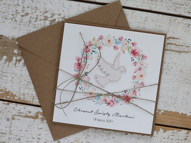 kartki, zaproszenia na chrzest Ręcznie robiona kartka z kopertą na chrzest dla dziewczynki