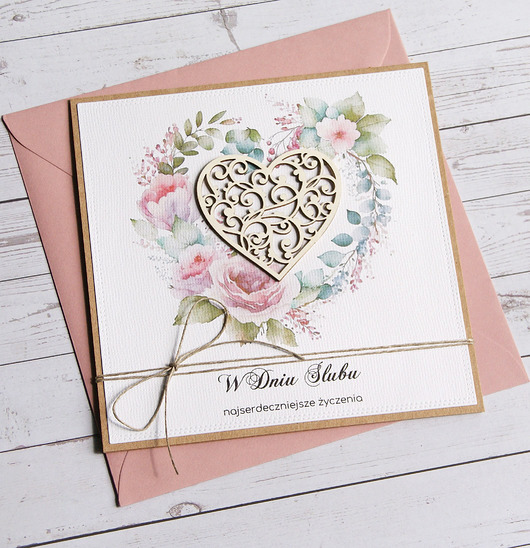 zaproszenia i kartki na ślub Kartka ślubna z życzeniami : różowa : serce ażurowe