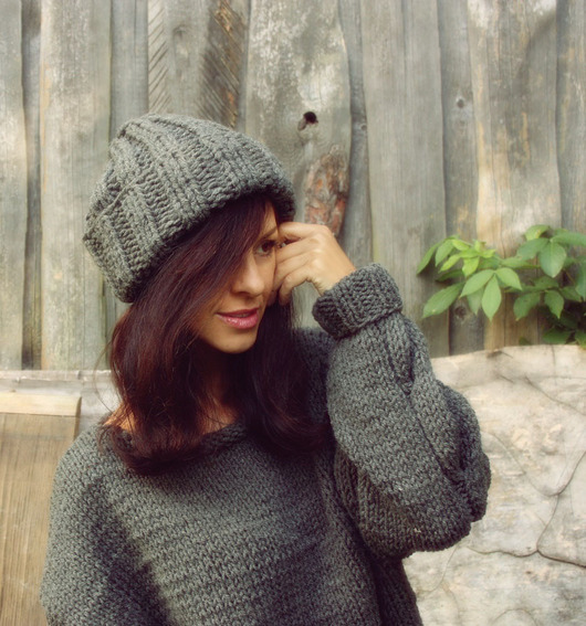 czapki damskie Szara czapka beanie  z wełną Hand Knit