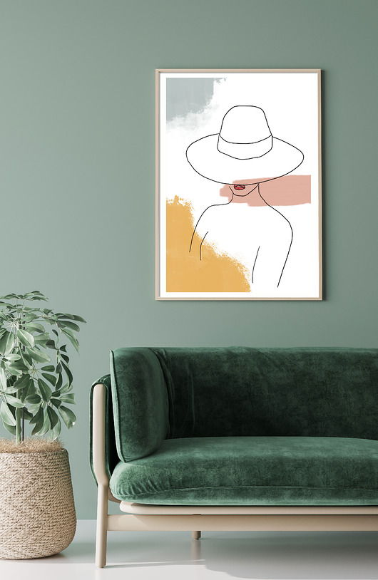 Plakat minimalistyczny 'Kobieta w kapeluszu' Szare Kropki