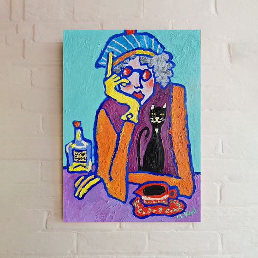 obrazy Obraz ręcznie malowany kolorowy obraz popołudnie z kotem