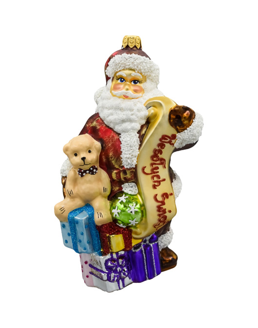 ozdoby choinkowe Bombka choinkowa: Święty Mikołaj z listą prezentów i prezentami: bordowy