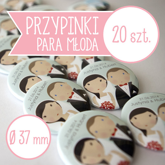 20 szt. przypinki ślubne Młoda Para 37 mm inkipinki