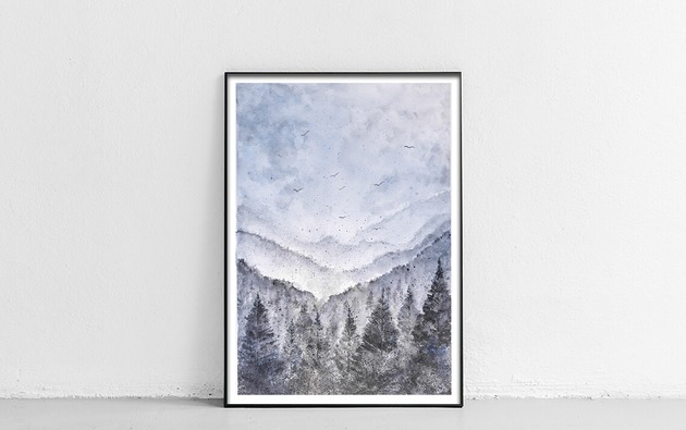 obrazy Oryginalna akwarela. Góry i las 30x40cm