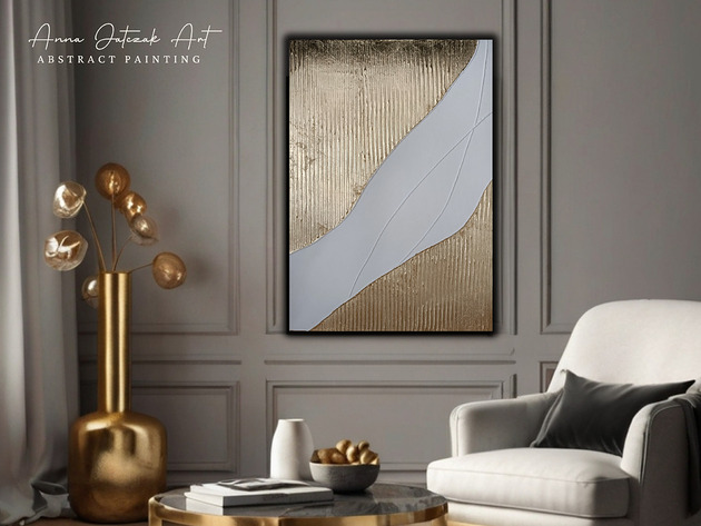 obrazy ZŁOTO Abstrakcyjny obraz strukturalny ze złotem, ręcznie malowany, 70x50 cm