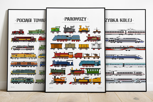 obrazy i plakaty do pokoju dziecięcego Zestaw plakatów z pociągami - 3 druki  50x70cm w jednej cenie