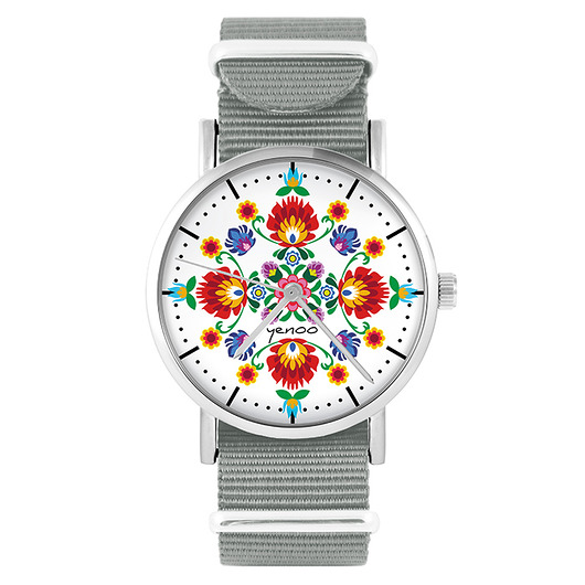 zegarki damskie Zegarek - Folkowa mandala - szary, nato