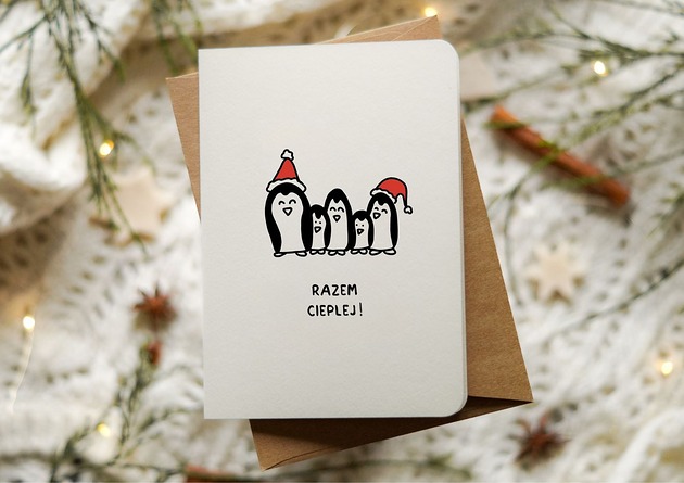 kartki okolicznościowe - wydruki Świąteczna kartka z pingwinami, Boże Narodzenie, Razem Cieplej!