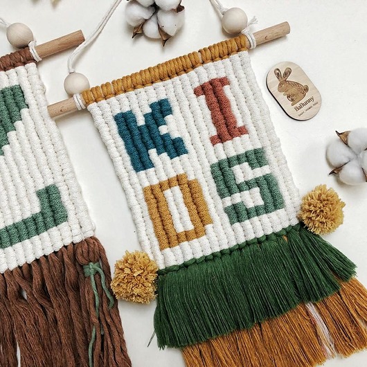 makramy Makrama napis KIDS, LOVE, HOME,