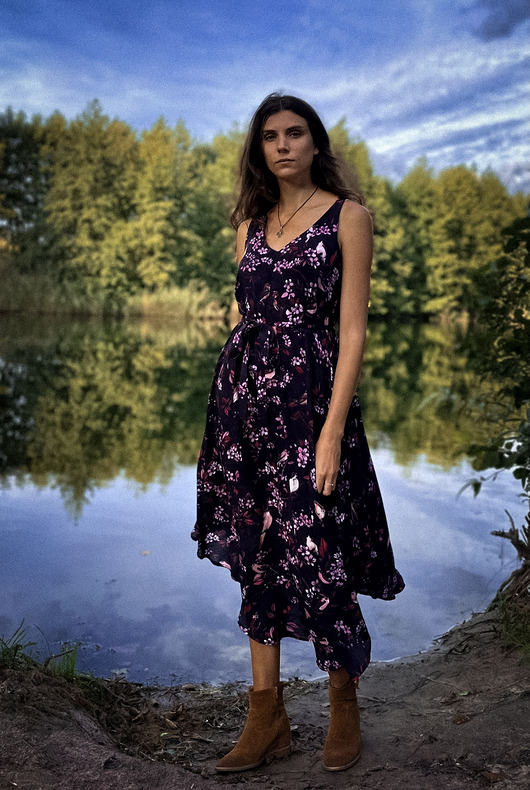 sukienki maxi damskie Boho maxi SUKIENKA w kwiaty dwustronny dekolt, autorski print 100% wiskoza